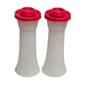 Tupperware Hourglass salt and pepper shakers with red seals snap shut lids 6"